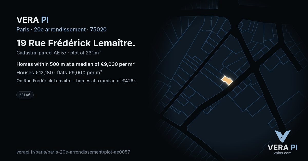 19 Rue Frédérick Lemaître, 20e arrondissement at night – the plot lit, the parcels around coloured by the prices near them