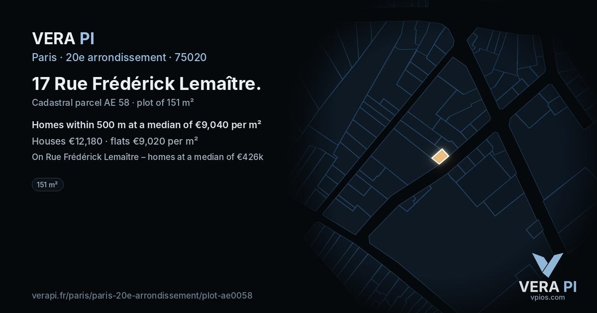 17 Rue Frédérick Lemaître, 20e arrondissement at night – the plot lit, the parcels around coloured by the prices near them