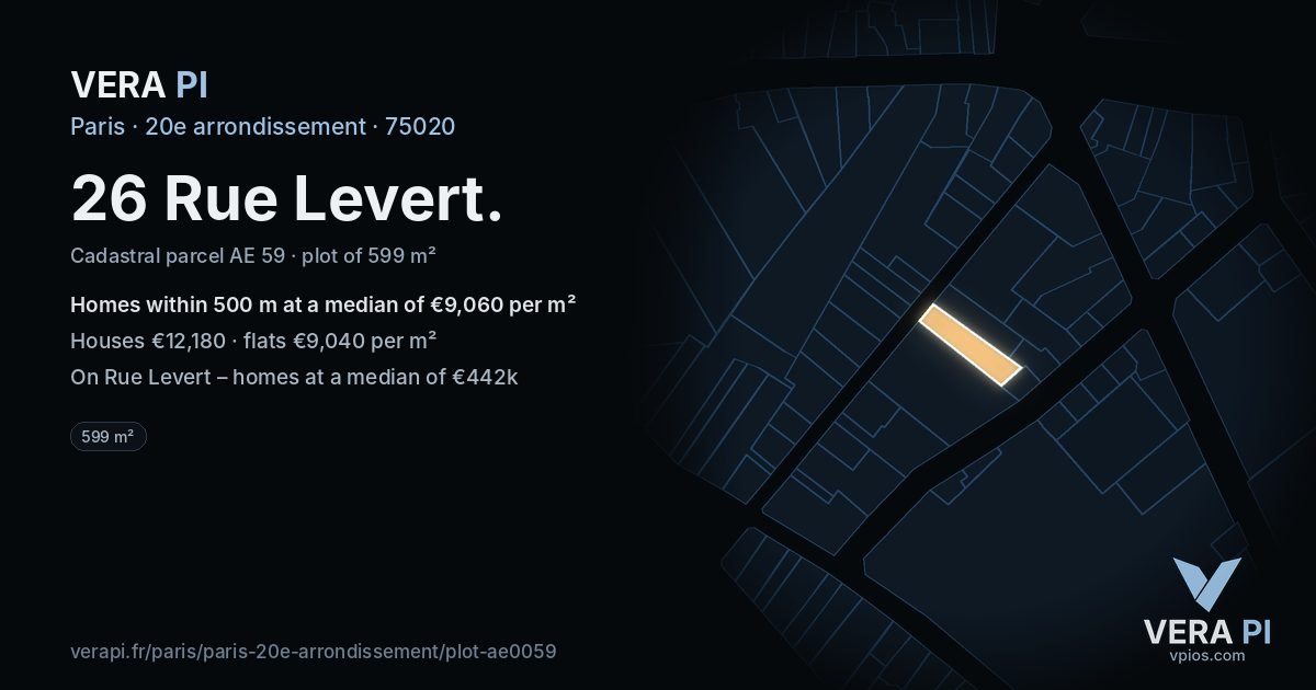 26 Rue Levert, 20e arrondissement at night – the plot lit, the parcels around coloured by the prices near them