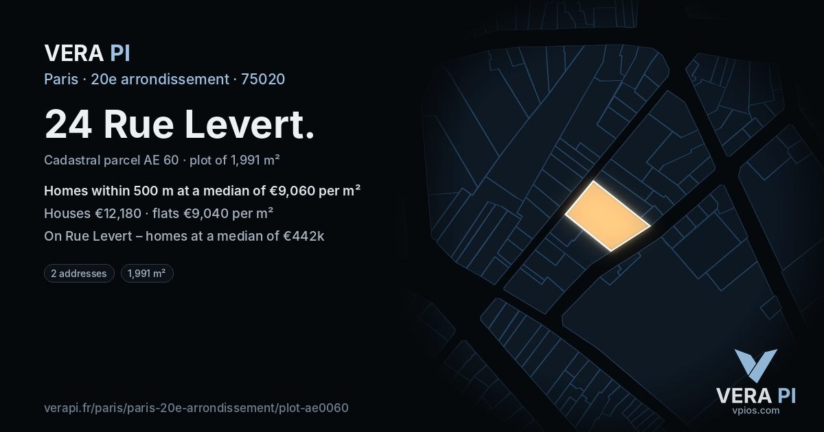 24 Rue Levert, 20e arrondissement at night – the plot lit, the parcels around coloured by the prices near them
