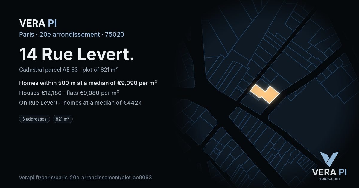 14 Rue Levert, 20e arrondissement at night – the plot lit, the parcels around coloured by the prices near them