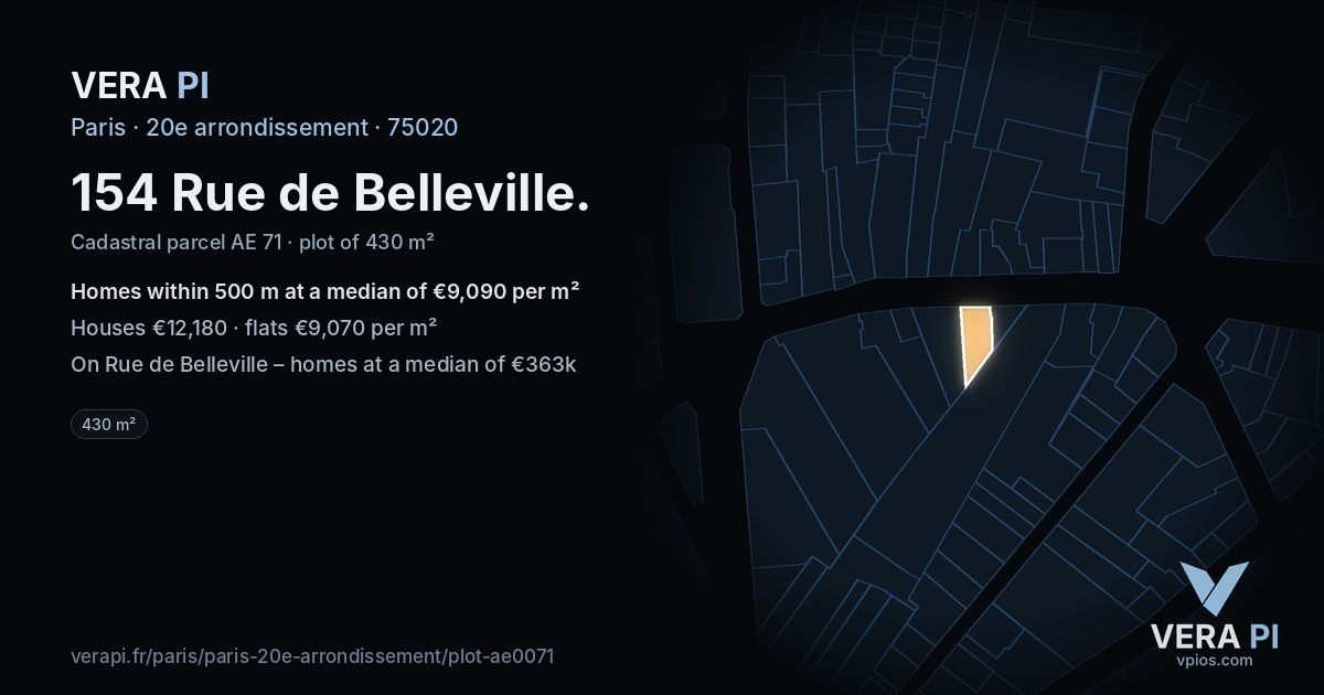 154 Rue de Belleville, 20e arrondissement at night – the plot lit, the parcels around coloured by the prices near them