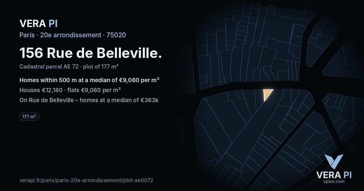 156 Rue de Belleville, 20e arrondissement at night – the plot lit, the parcels around coloured by the prices near them