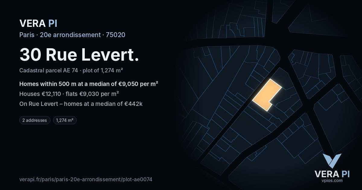 30 Rue Levert, 20e arrondissement at night – the plot lit, the parcels around coloured by the prices near them