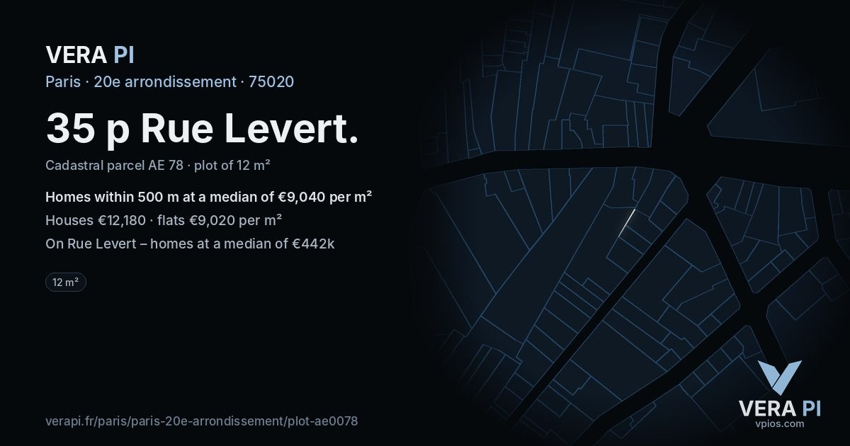 35 p Rue Levert, 20e arrondissement at night – the plot lit, the parcels around coloured by the prices near them
