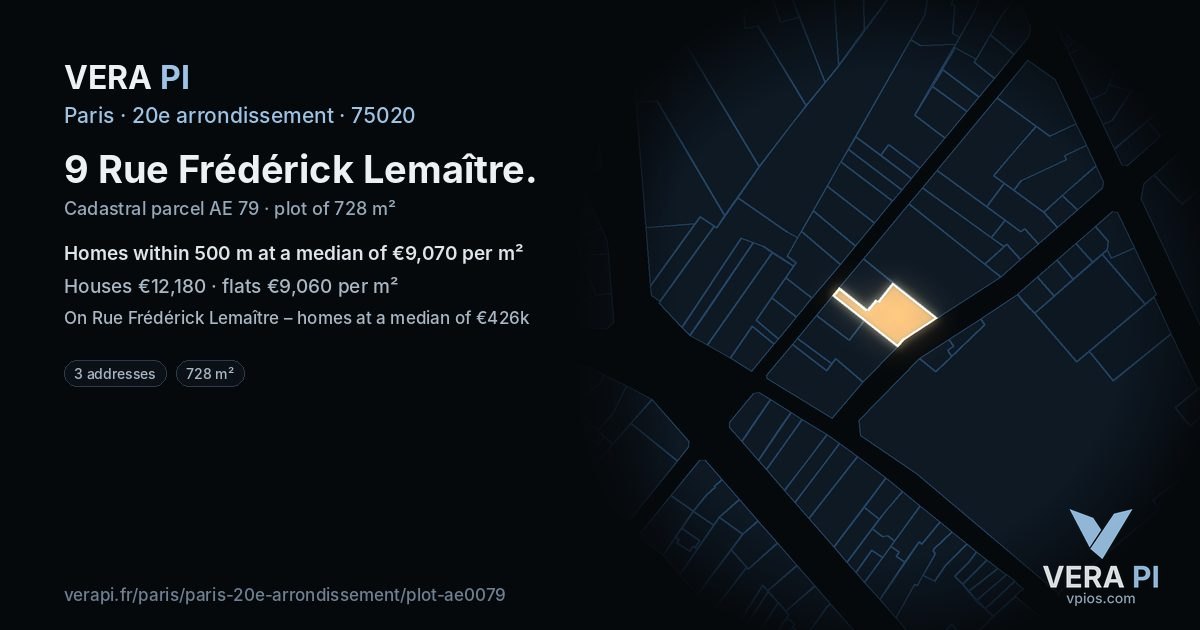9 Rue Frédérick Lemaître, 20e arrondissement at night – the plot lit, the parcels around coloured by the prices near them