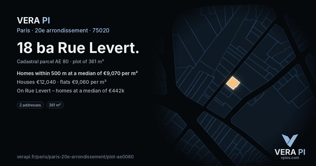 18 ba Rue Levert, 20e arrondissement at night – the plot lit, the parcels around coloured by the prices near them