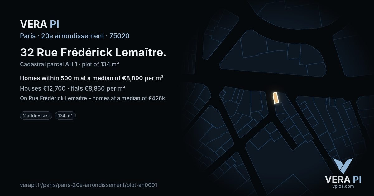 32 Rue Frédérick Lemaître, 20e arrondissement at night – the plot lit, the parcels around coloured by the prices near them
