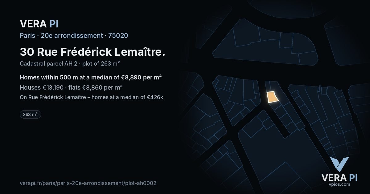 30 Rue Frédérick Lemaître, 20e arrondissement at night – the plot lit, the parcels around coloured by the prices near them