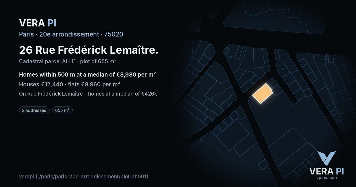 26 Rue Frédérick Lemaître, 20e arrondissement at night – the plot lit, the parcels around coloured by the prices near them