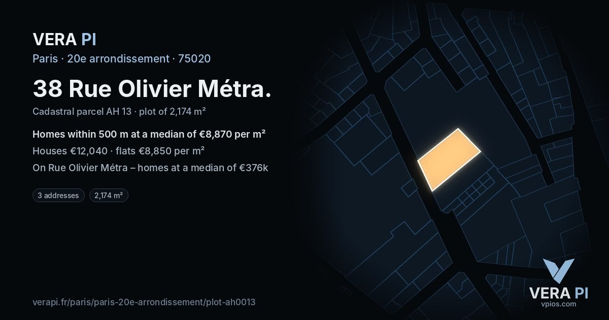 38 Rue Olivier Métra, 20e arrondissement at night – the plot lit, the parcels around coloured by the prices near them
