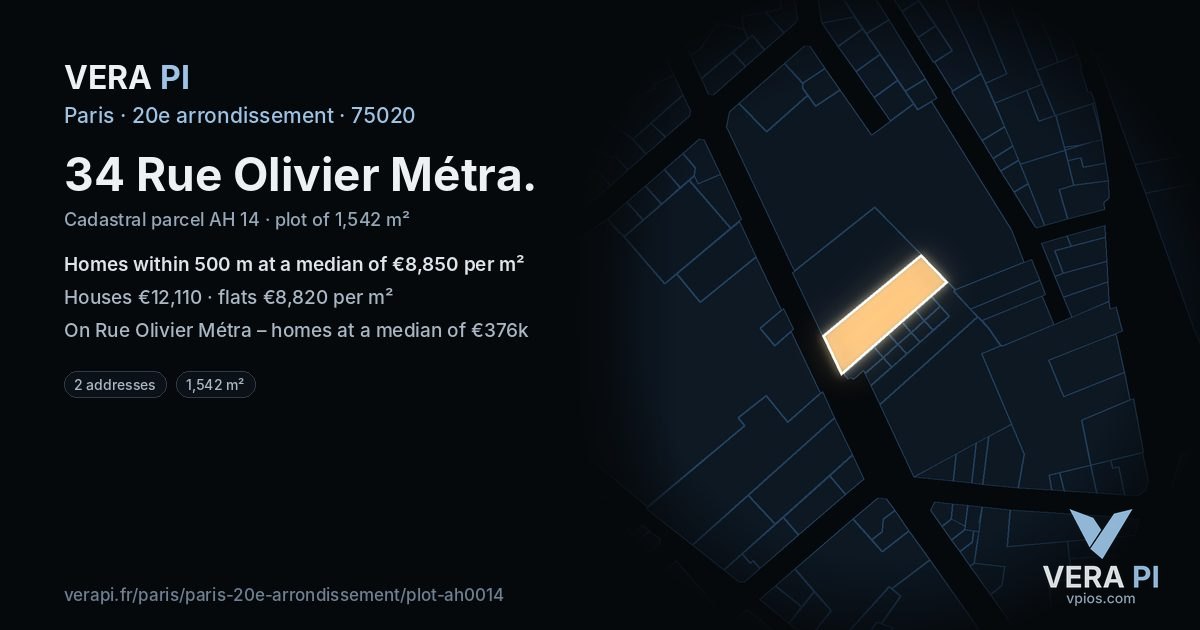 34 Rue Olivier Métra, 20e arrondissement at night – the plot lit, the parcels around coloured by the prices near them