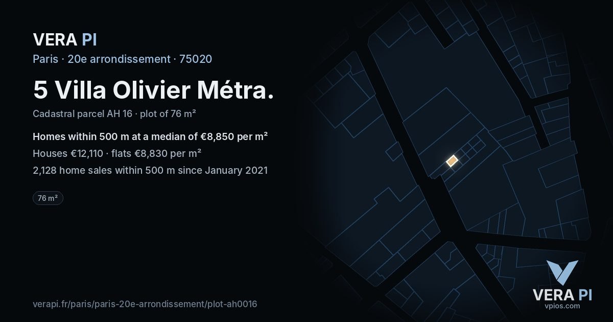 5 Villa Olivier Métra, 20e arrondissement at night – the plot lit, the parcels around coloured by the prices near them