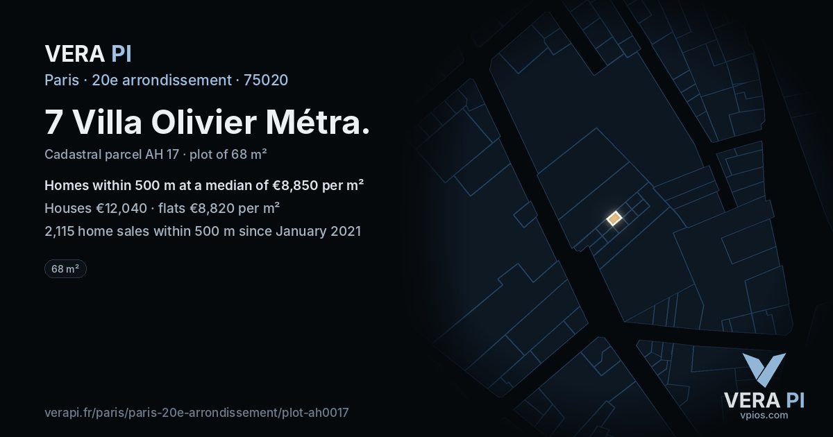 7 Villa Olivier Métra, 20e arrondissement at night – the plot lit, the parcels around coloured by the prices near them