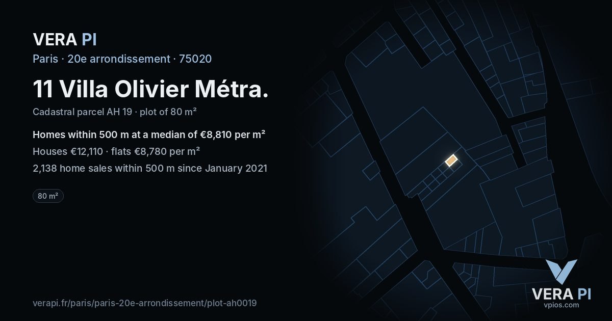 11 Villa Olivier Métra, 20e arrondissement at night – the plot lit, the parcels around coloured by the prices near them