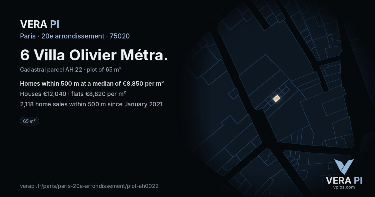6 Villa Olivier Métra, 20e arrondissement at night – the plot lit, the parcels around coloured by the prices near them