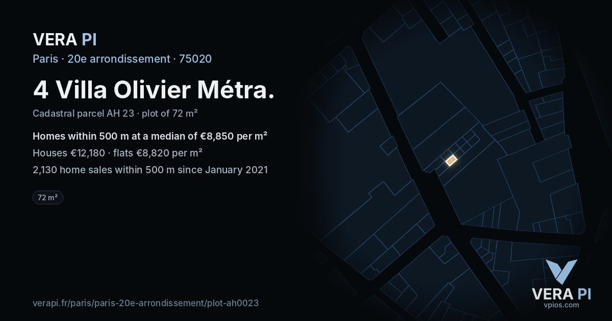 4 Villa Olivier Métra, 20e arrondissement at night – the plot lit, the parcels around coloured by the prices near them