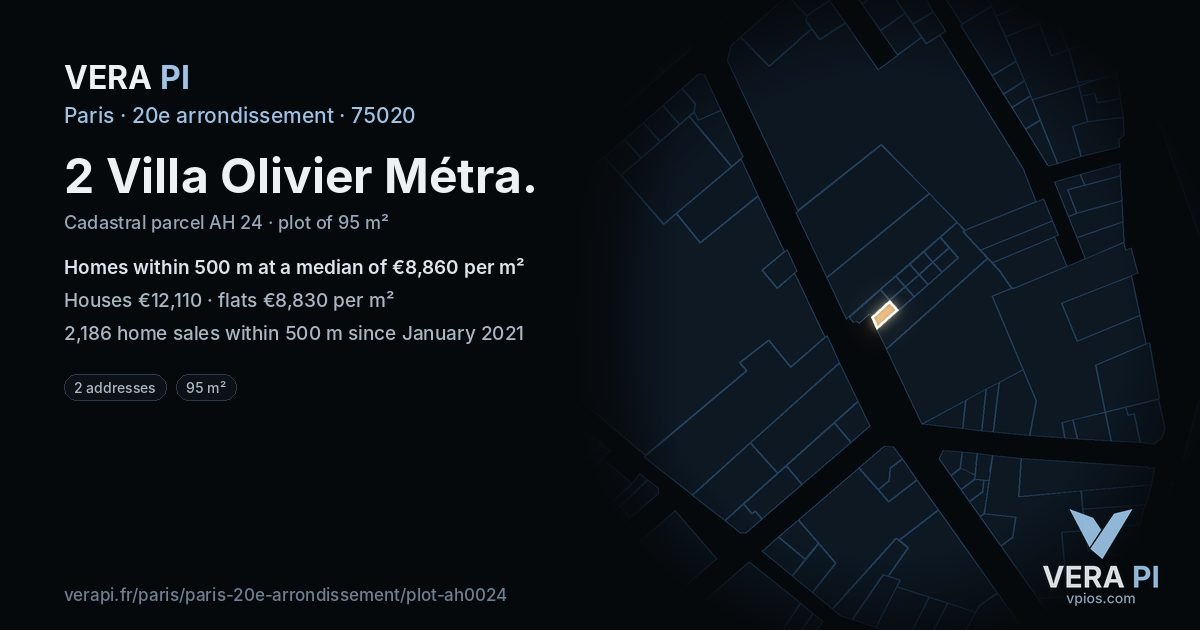 2 Villa Olivier Métra, 20e arrondissement at night – the plot lit, the parcels around coloured by the prices near them