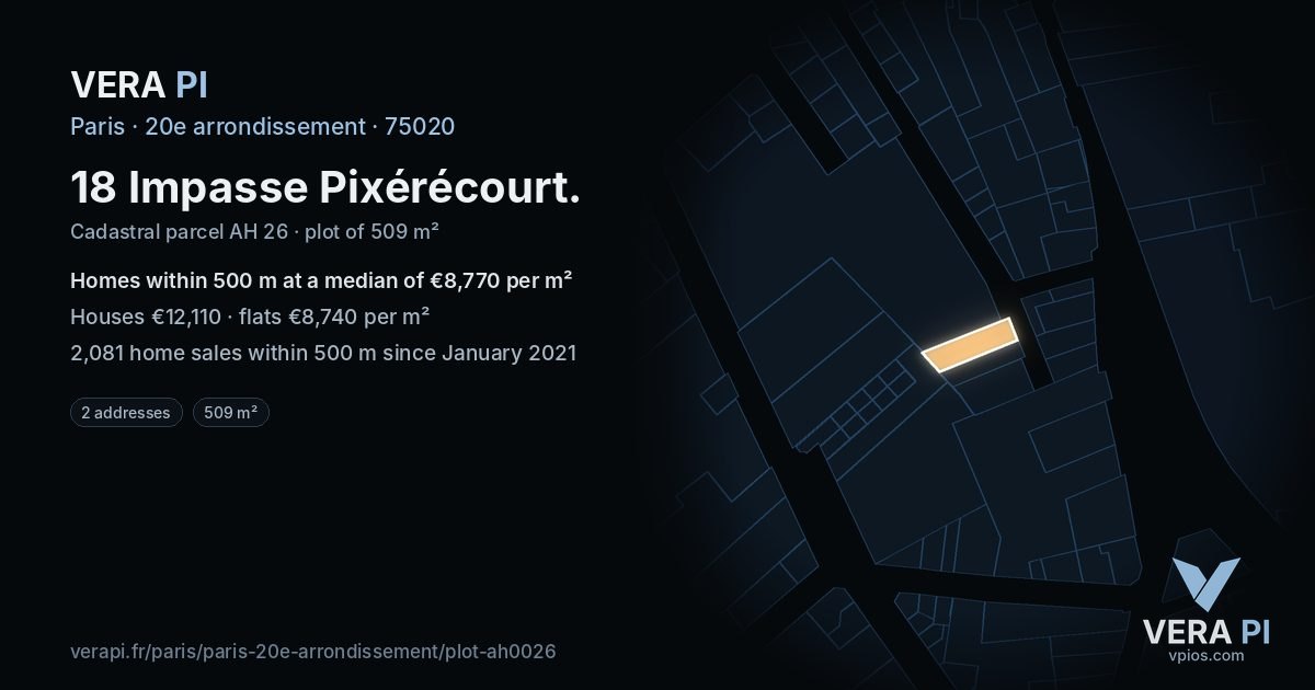 18 Impasse Pixérécourt, 20e arrondissement at night – the plot lit, the parcels around coloured by the prices near them