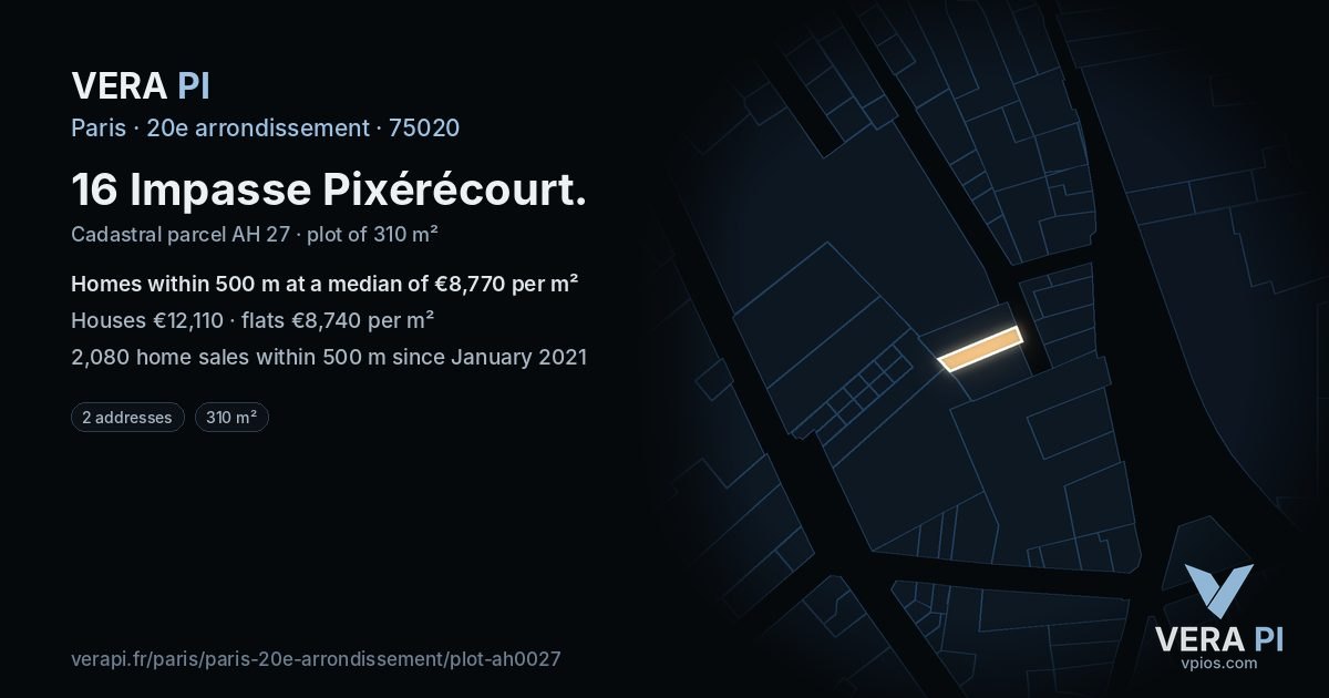 16 Impasse Pixérécourt, 20e arrondissement at night – the plot lit, the parcels around coloured by the prices near them