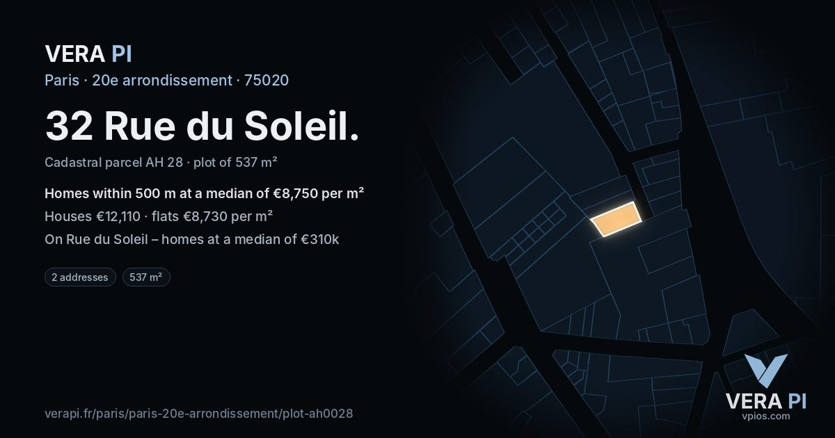 32 Rue du Soleil, 20e arrondissement at night – the plot lit, the parcels around coloured by the prices near them