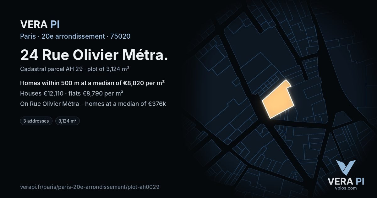 24 Rue Olivier Métra, 20e arrondissement at night – the plot lit, the parcels around coloured by the prices near them