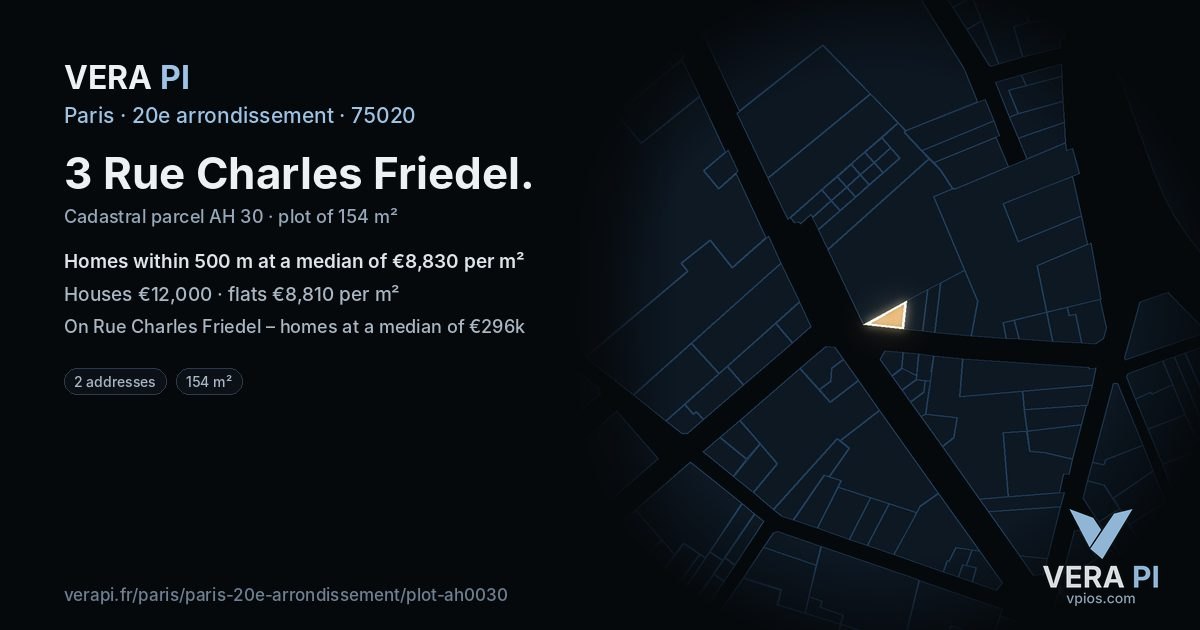3 Rue Charles Friedel, 20e arrondissement at night – the plot lit, the parcels around coloured by the prices near them