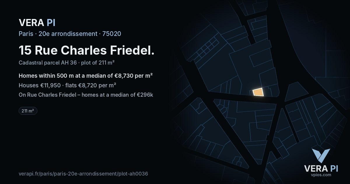 15 Rue Charles Friedel, 20e arrondissement at night – the plot lit, the parcels around coloured by the prices near them
