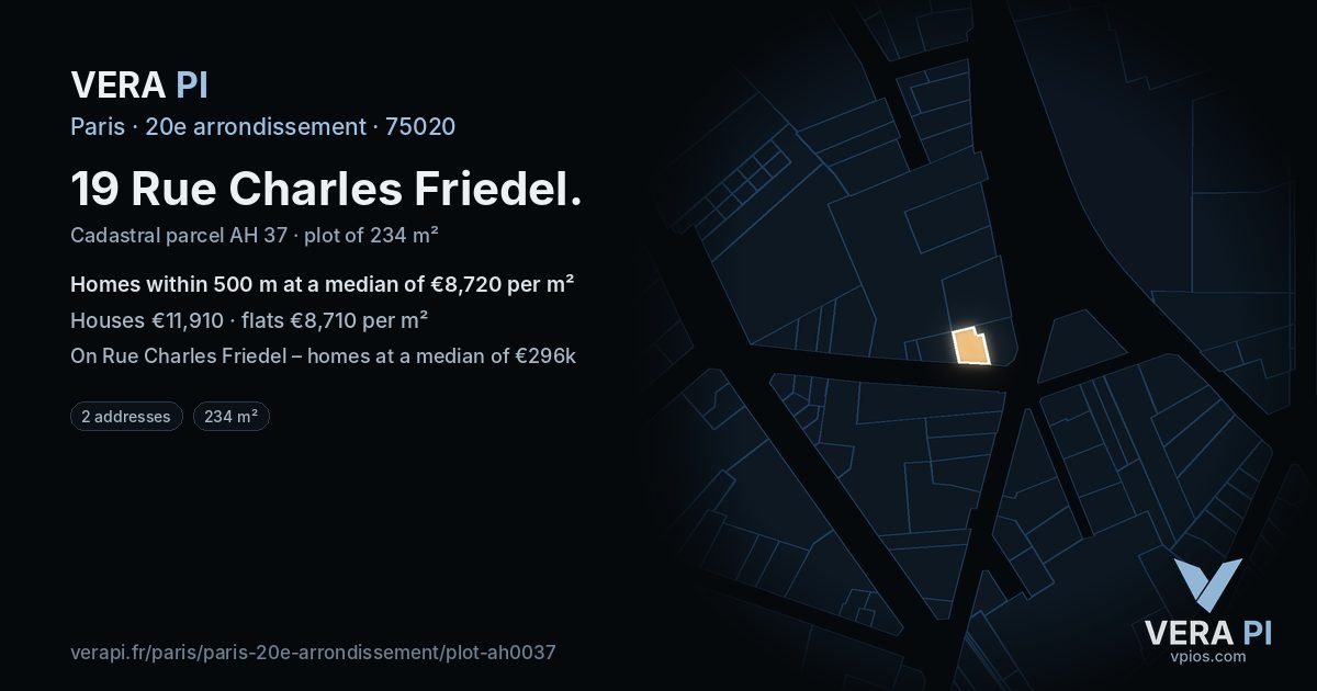 19 Rue Charles Friedel, 20e arrondissement at night – the plot lit, the parcels around coloured by the prices near them