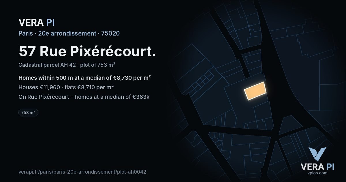 57 Rue Pixérécourt, 20e arrondissement at night – the plot lit, the parcels around coloured by the prices near them