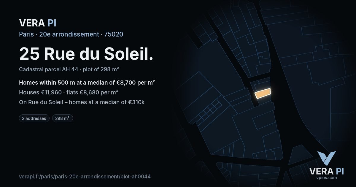 25 Rue du Soleil, 20e arrondissement at night – the plot lit, the parcels around coloured by the prices near them