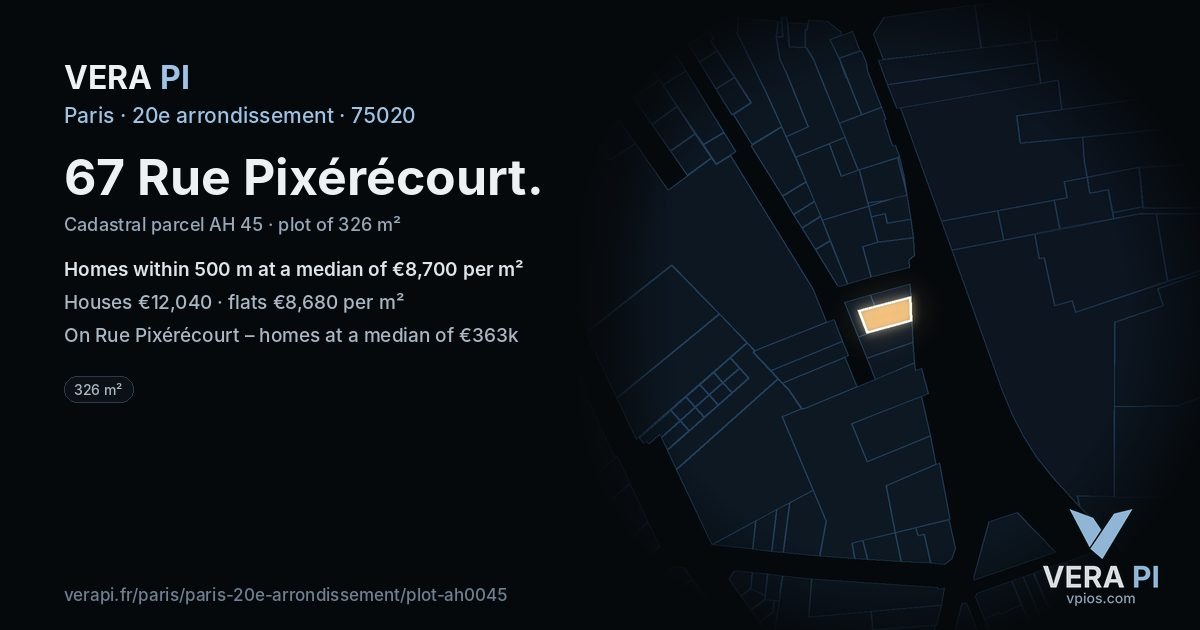 67 Rue Pixérécourt, 20e arrondissement at night – the plot lit, the parcels around coloured by the prices near them