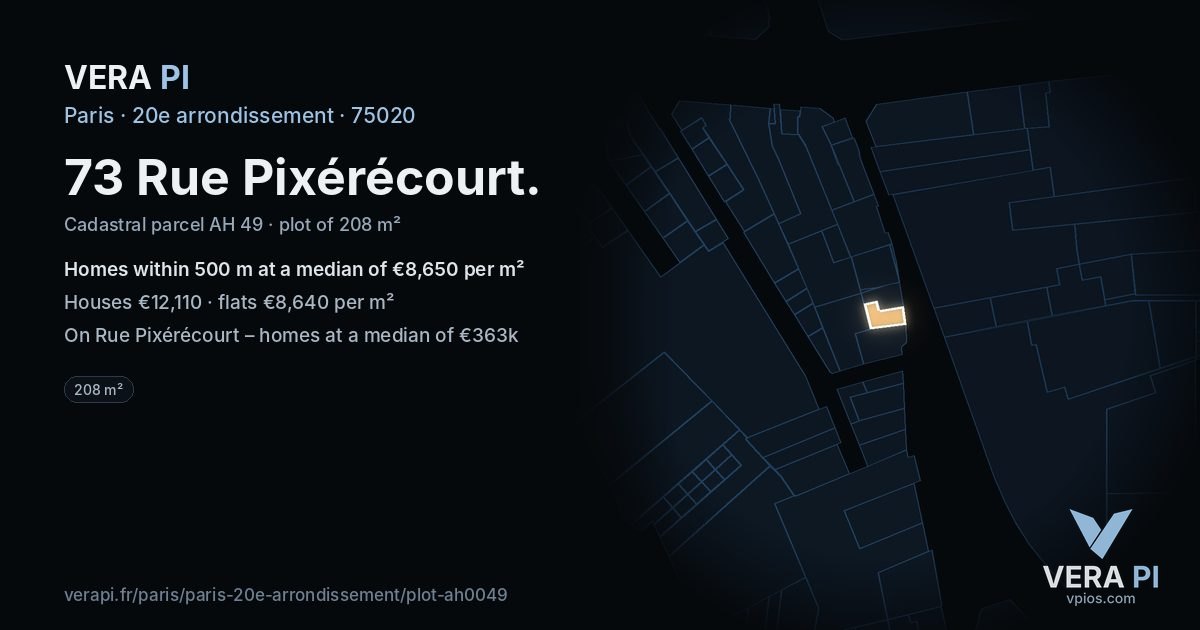 73 Rue Pixérécourt, 20e arrondissement at night – the plot lit, the parcels around coloured by the prices near them