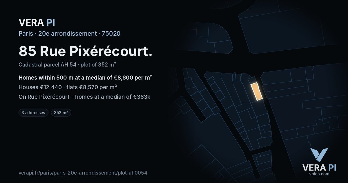 85 Rue Pixérécourt, 20e arrondissement at night – the plot lit, the parcels around coloured by the prices near them