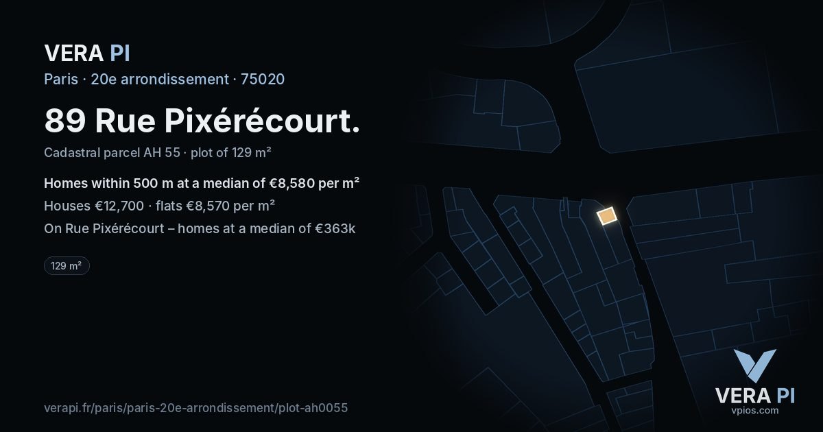 89 Rue Pixérécourt, 20e arrondissement at night – the plot lit, the parcels around coloured by the prices near them
