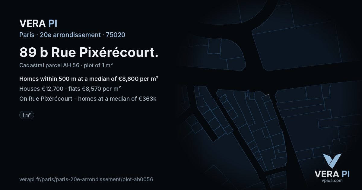 89 b Rue Pixérécourt, 20e arrondissement at night – the plot lit, the parcels around coloured by the prices near them
