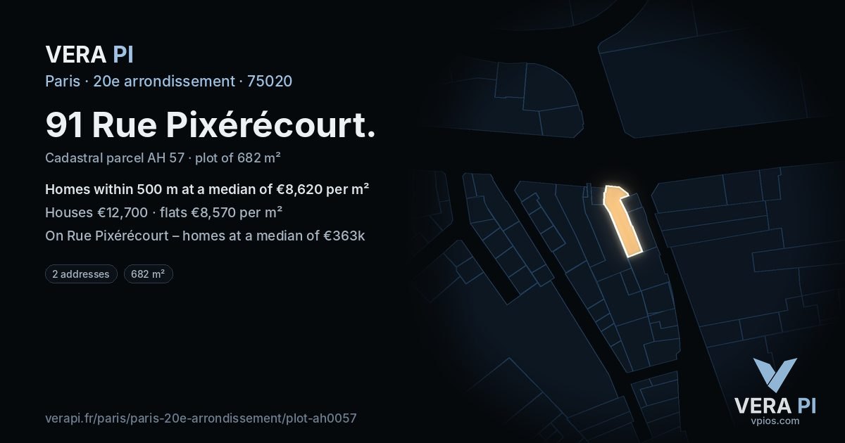 91 Rue Pixérécourt, 20e arrondissement at night – the plot lit, the parcels around coloured by the prices near them
