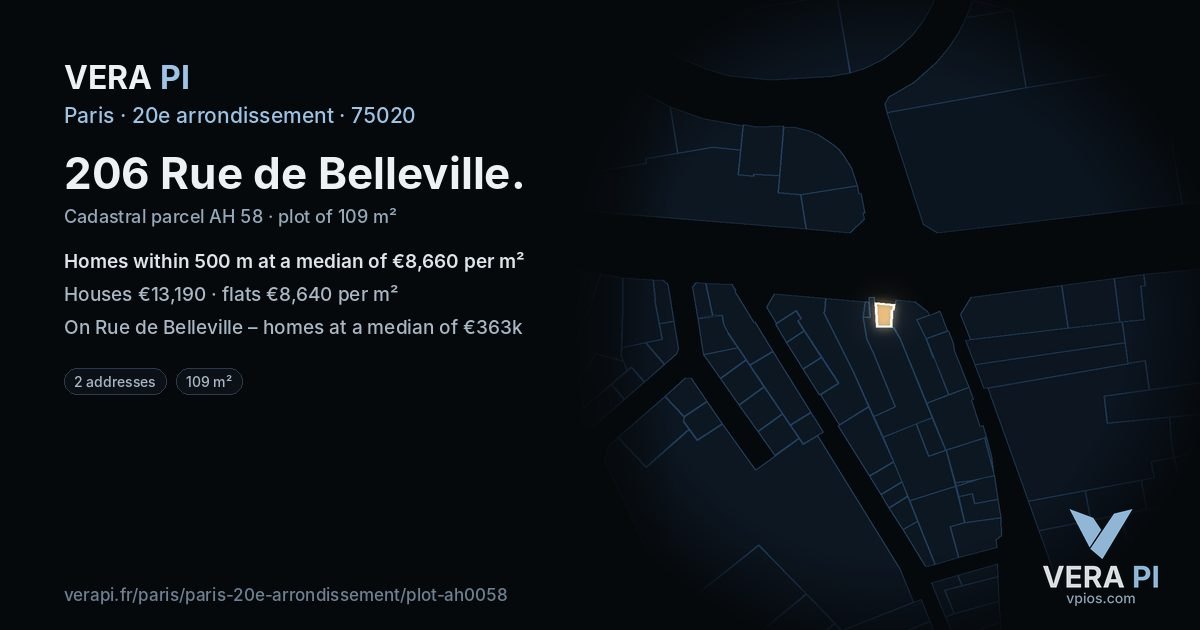 206 Rue de Belleville, 20e arrondissement at night – the plot lit, the parcels around coloured by the prices near them