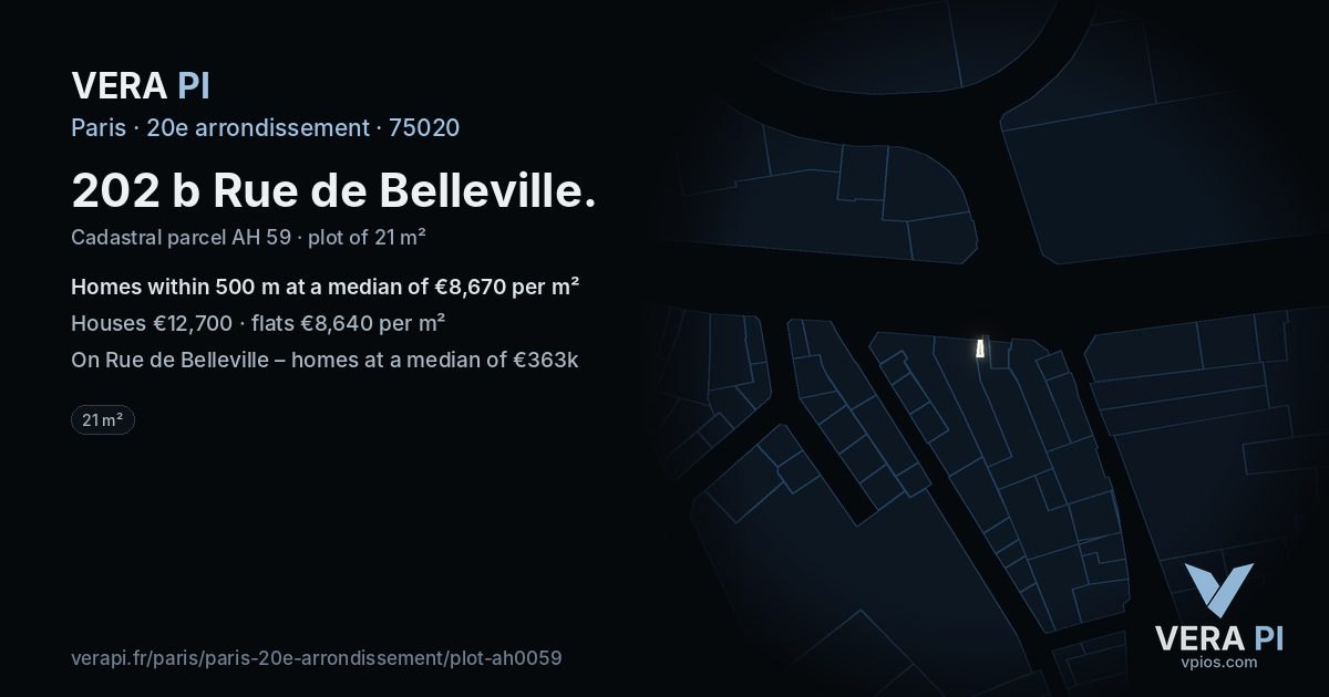 202 b Rue de Belleville, 20e arrondissement at night – the plot lit, the parcels around coloured by the prices near them