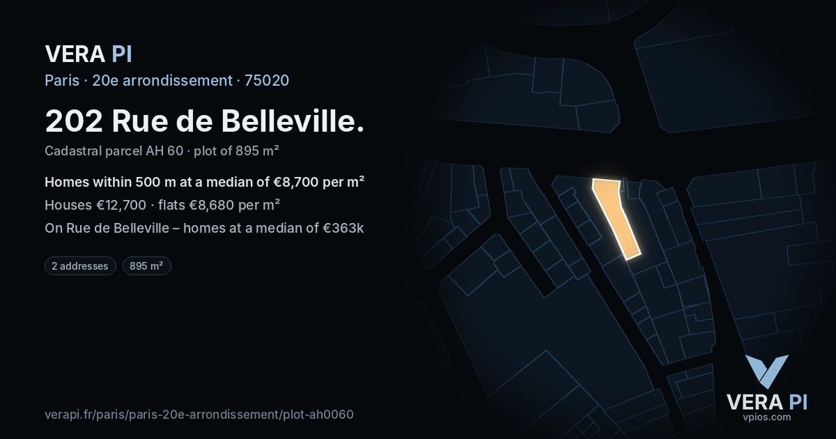 202 Rue de Belleville, 20e arrondissement at night – the plot lit, the parcels around coloured by the prices near them