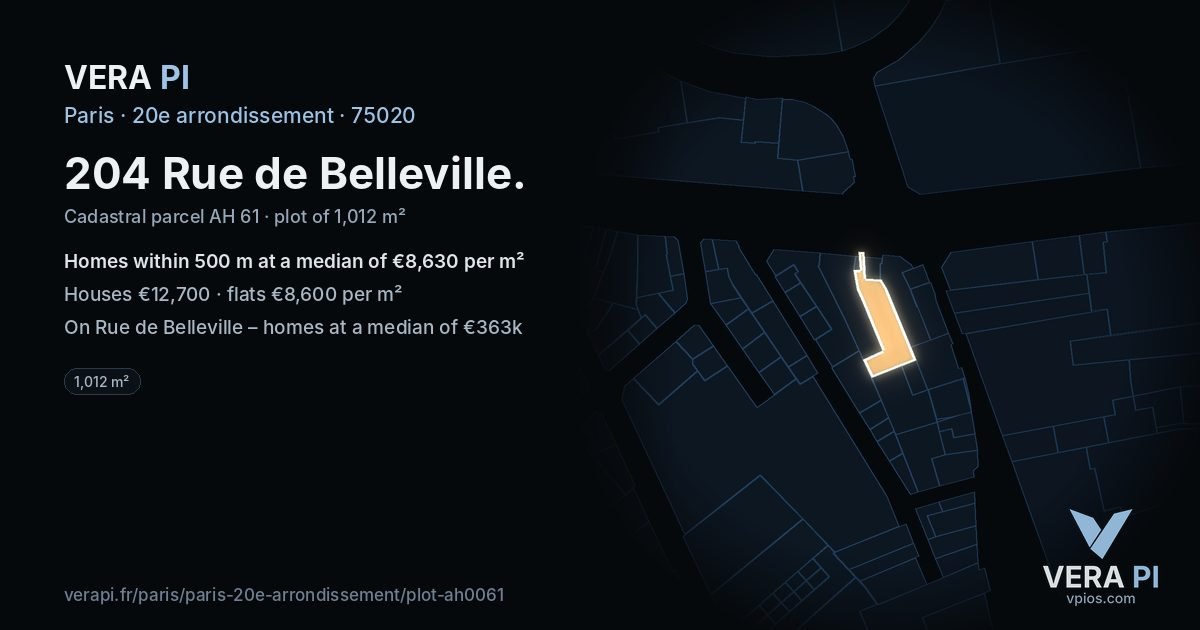 204 Rue de Belleville, 20e arrondissement at night – the plot lit, the parcels around coloured by the prices near them