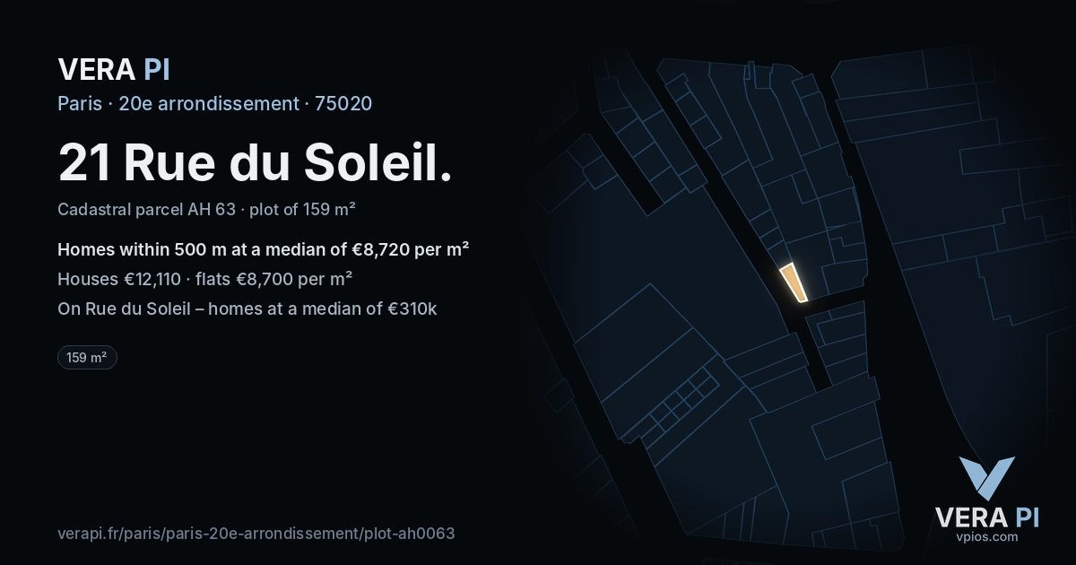 21 Rue du Soleil, 20e arrondissement at night – the plot lit, the parcels around coloured by the prices near them
