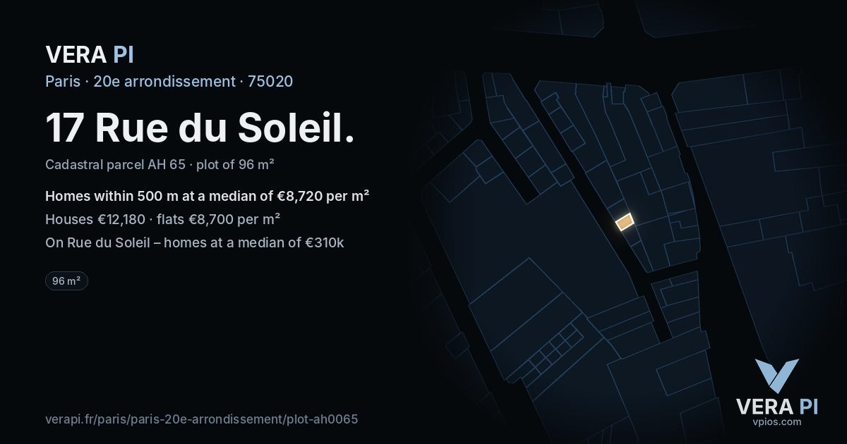 17 Rue du Soleil, 20e arrondissement at night – the plot lit, the parcels around coloured by the prices near them