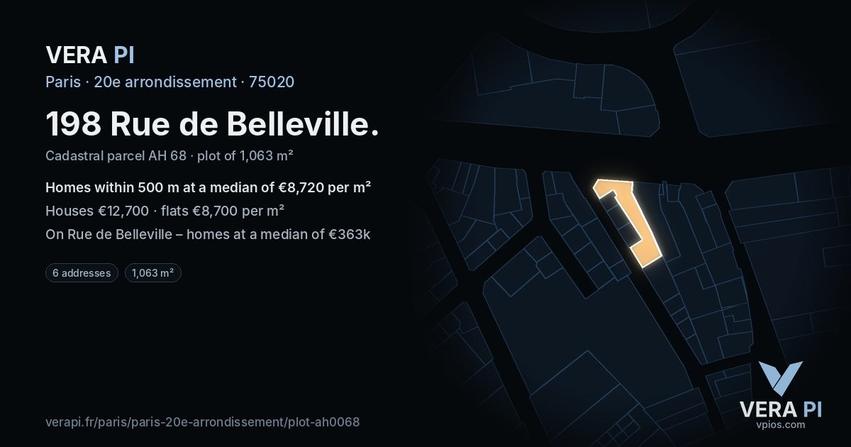 198 Rue de Belleville, 20e arrondissement at night – the plot lit, the parcels around coloured by the prices near them