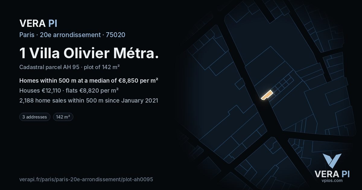 1 Villa Olivier Métra, 20e arrondissement at night – the plot lit, the parcels around coloured by the prices near them