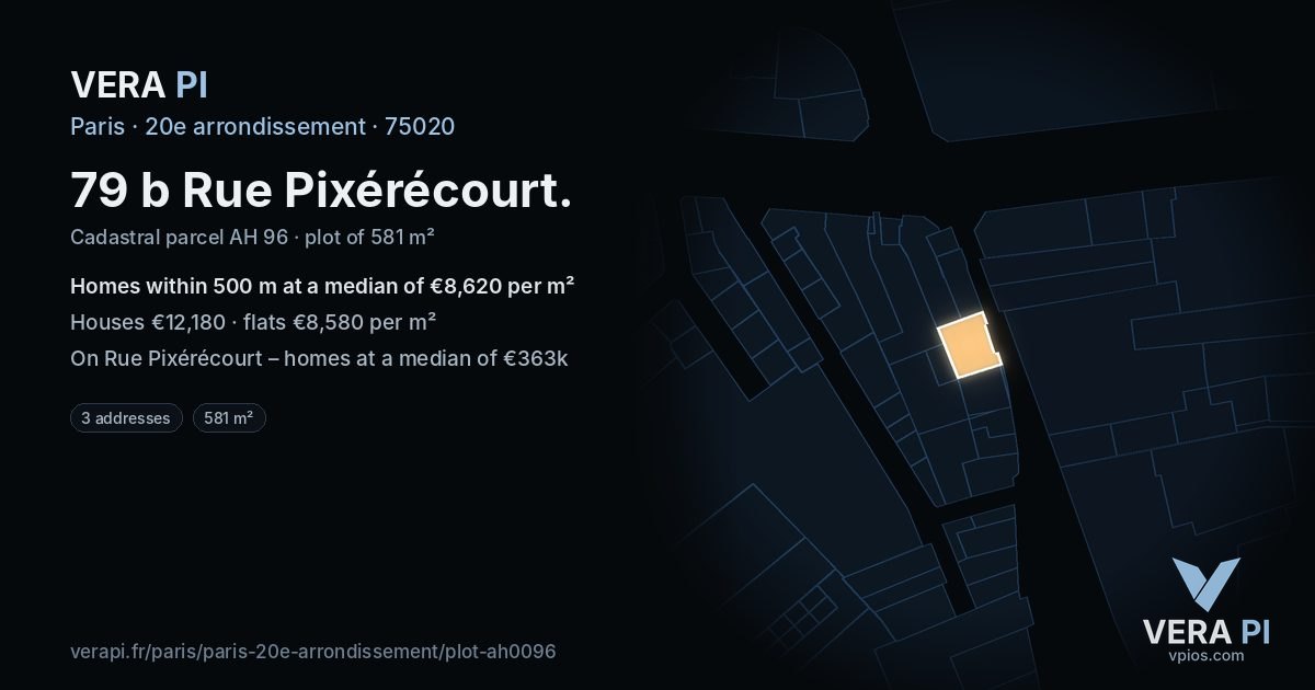 79 b Rue Pixérécourt, 20e arrondissement at night – the plot lit, the parcels around coloured by the prices near them