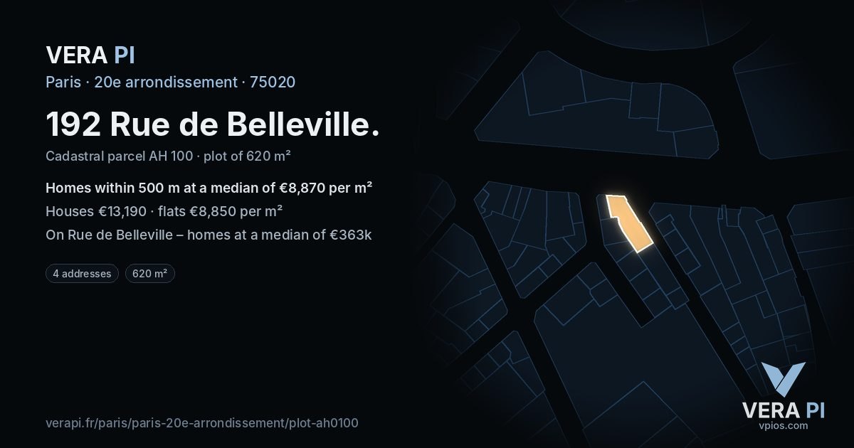 192 Rue de Belleville, 20e arrondissement at night – the plot lit, the parcels around coloured by the prices near them