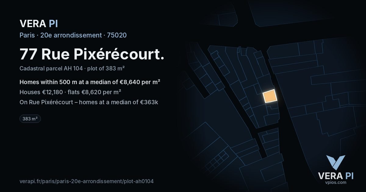 77 Rue Pixérécourt, 20e arrondissement at night – the plot lit, the parcels around coloured by the prices near them