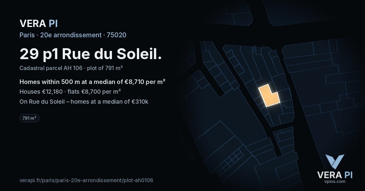 29 p1 Rue du Soleil, 20e arrondissement at night – the plot lit, the parcels around coloured by the prices near them