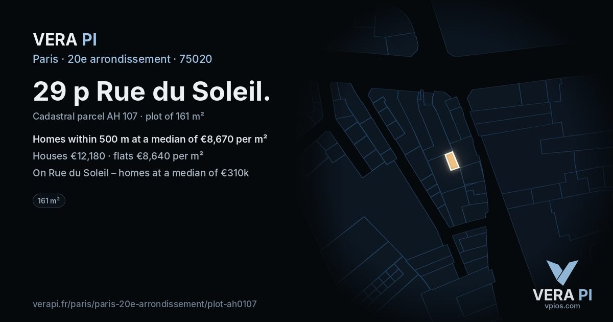 29 p Rue du Soleil, 20e arrondissement at night – the plot lit, the parcels around coloured by the prices near them